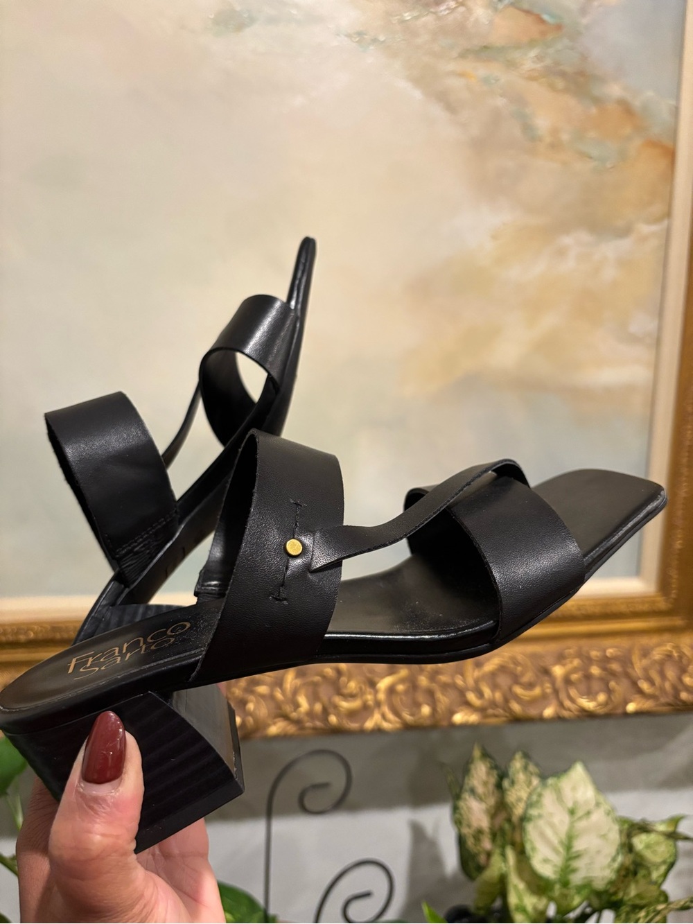 FRANCO SARTO Black Leather Strappy Block Heel Sandals